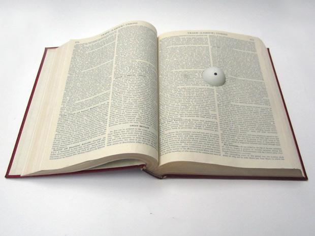 Cyclopedia: Encyclopedia Britannica volume (Trade Labour Union entry) ping pong ball, felt tip  Kypros Kyprianou 2014