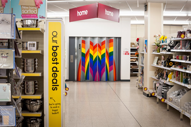 Rainbow's End (installation view): The Castle, Hollington &amp; Kyprianou, 2014.  Vinyl on concertina doors goods lift